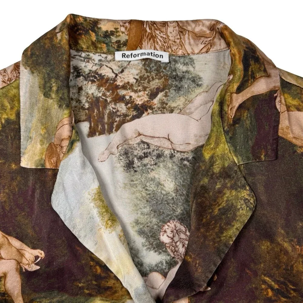 Reformation Silk Shirt Top SZ S Short Sleeve Art Print Oversized Maximalist - Picture 3 of 7